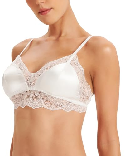 SilRiver Women's Silky Satin Wireless Bra Lace Bralette with Removable Pads Summer Bra - Tshirts (Medium, White)