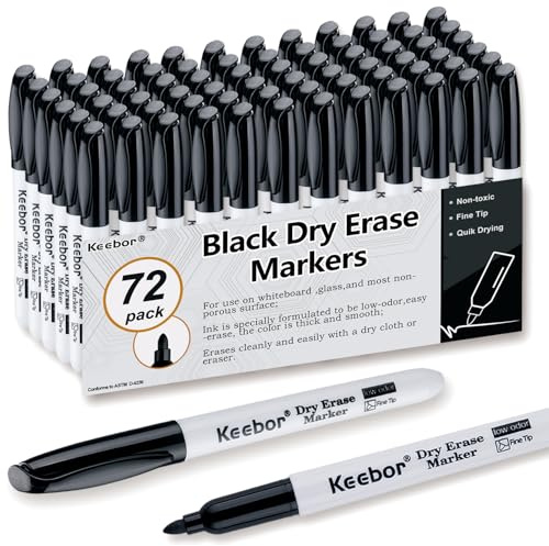 Keebor Fine Tip Dry Erase Markers - Bold Black, Long-Lasting ink, Low-Odor - 72 Pack Whiteboard Markers Bulk for Home, Office, Back to School Supplies