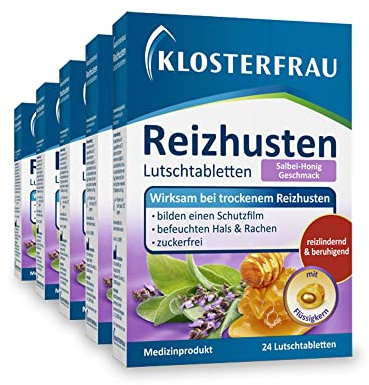 Klosterfrau Reizhusten Lutschtabletten | Salbei-Honig Geschmack | Wirksam bei trockenem Reizhusten | 5 x 24 Stück