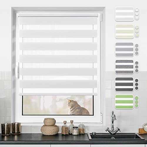 Doppelrollo Klemmfix ohne Bohren Rollos für Fenster ohne Bohren mit Bohren Weiß 70x110cm(BxH)-Stoffbreite 66cm Rollo Fensterrollo Klemmrollos Fensterrollo innen lichtdurchlässig & verdunkelnd