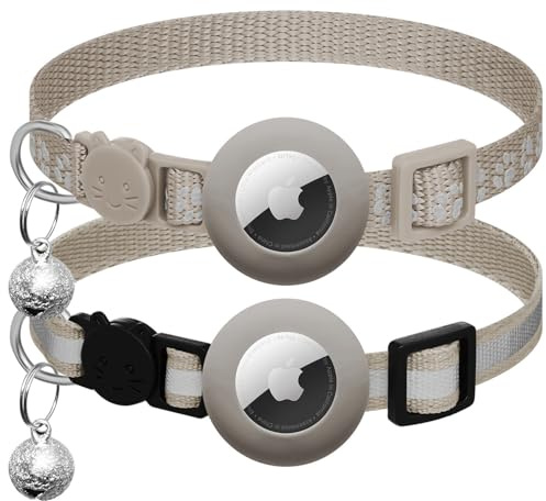 Lot de 2 colliers pour Apple AirTag pour chat avec clochette, collier réfléchissant pour chat avec support Airtag, réglable de 17,8 à 30,5 cm, avec boucle de sécurité - Gris