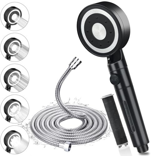 Duschkopf mit Schlauch, 5 Strahlarten Hochdruck Duschkopf mit Filter und Duschschlauch 2m, Wassersparender Duschbrause Druckerhöhend Set mit Stoppfunktion, Shower Head Schwarz für Baden und Spa