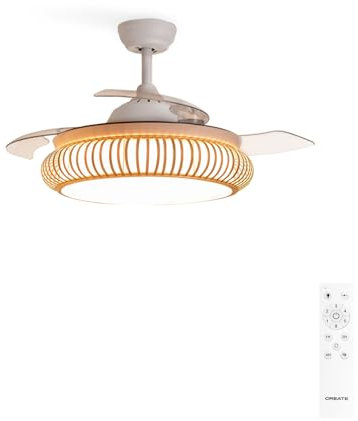 CREATE / WIND CLEAR/Ventilador de techo con luz blanco y mimbre óvalo con mando / 40W, Ø108 cm, temporizador, 6 velocidades, aspas retráctiles, 3 temperaturas de luz, función verano-invierno