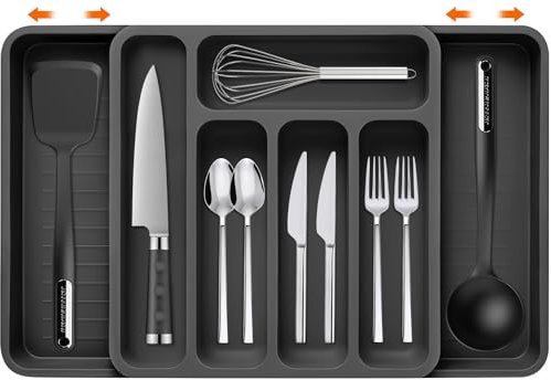 BGIUSQF Portaposate da Cassetto, Porta Posate Cucina Cassetto, Organizer Cassetti Cucina Espandibile, 7 Scomparti Portaposate da Cassetto 50 cm per Utensili, Cucchiai, Forchette e Coltelli, Nero