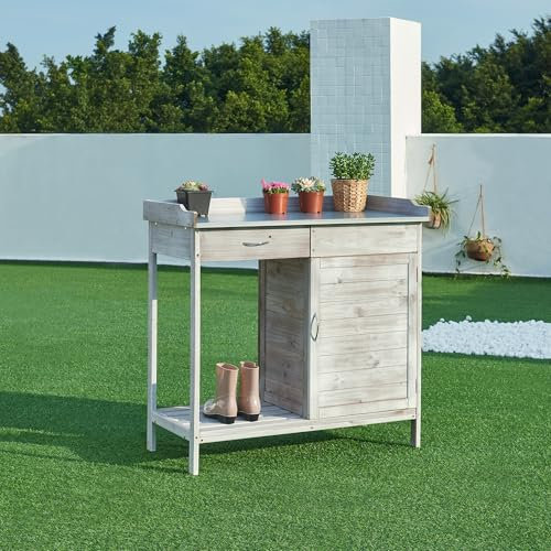 casa.pro Pflanztisch Aliano Gärtnertisch mit verzinkter Arbeitsplatte Gartenarbeitstisch mit Unterschrank Gartenregal Tannenholz Grau Outdoor Blumentisch 98 x 48 x 94 cm Holztisch