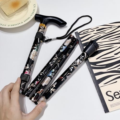 Faltbarer Gehstock, höhenverstellbar, Aluminium, ausgefallenes Blumendesign, langlebig, teleskopisch, leicht, fünf Abschnitte, Langlaufwandern, Outdoor, tragbar, ältere Menschen (schwarzer Druck)