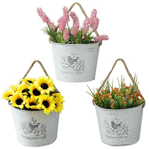 BSTMOME 3-pack hängande metall blomhink vintage kreativ halvrund design järn blomhållare suckulent växtbehållare rustik retro blomkruka med rephandtag för trädgård heminredning (vit)
