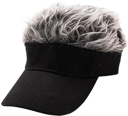 JISADER Gorra con visera con pelo falso para hombres y mujeres, novedad, regalo de cumpleaños, peluca con visera para el pelo, Gorra Negra Cabello Gris