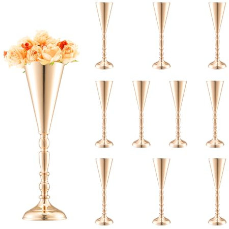 VEVOR Vaso per Fiori da Matrimonio, Alto 43 cm Centrotavola in Metallo a Forma di Tromba per Matrimonio 10 Pezzi, Espositore Floreale Dorato per Tavoli per Cene di Nozze, Cerimonia, Compleanno, Evento