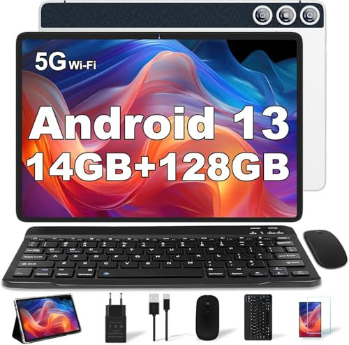 DMOAO Tablet 10 Pulgadas con 22GB RAM 128GB ROM, Android 14 Tablet 2 en 1, Octa-Core 1TB Ampliable, WiFi 5G, Cámara 8MP+5MP, 8000mAh, con Teclado, BT5.0/GPS/OTG, Plata
