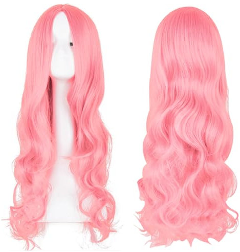 Aweisile Lange Lockige Perücke Rosa Perücke für Frauen Damen Lockige Haar Perücken für Frauen Mittelscheitel Lang Lockig Lange Gewellt für Die Tägliche Party Halloween Karneval Cosplay