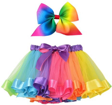 FSSTUD Regenbogenfarbener Tutu-Rock, Prinzessin-Tüllrock, Ballett-Tanz-Rüschenrock, Geburtstagsparty-Rock, Kleid mit Haarschleife
