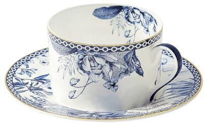 fanquare Set di tazze e piattini blu e bianchi, Set di tazze e piatti da caffè in porcellana con fiori di rosa da 200 ml e finiture in oro, Tazza da tè vintage inglese per il tè del pomeriggio