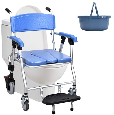 Silla para Ducha para Personas Mayores | Silla de Baño para Mayores Plegable con Ruedas | Silla de Baño con Inodoro Portátil y Reposapiés Abatibles | Capacidad 150 kg | Regalo para Personas Mayores