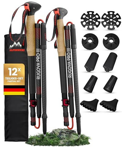 ALPENWERT Wanderstöcke faltbar [Carbon & Aluminium] Nordic Walking Stöcke Damen & Herren klappbar Trekkingstöcke – Ideal für Wandern, Trekking, UVM. (Carbon)