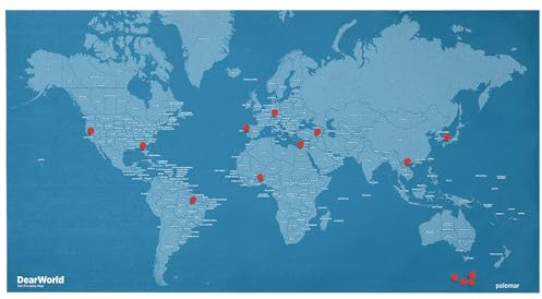 Dear World - Mappa del mondo su feltro con spilli, mappa del mondo con nomi di paesi e città, diario, per ufficio o casa (per paese, verde acqua, grande)