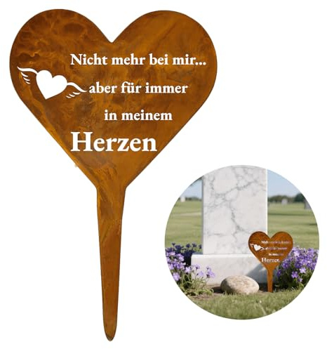 MOAZIFI Grabschmuck Wetterfest, Grabdekoration Wetterfest Herz Metall Rost Grabstecker mit Spruch, für Friedhof, Garten, Grabstein, Urnengrab als Trauerdekoration und Allerheiligen Grabschmuck