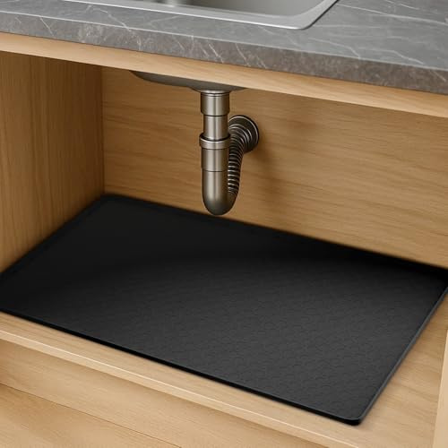 Y.H BLISSHAVEN Silicone Under Sink Mat, 34x22 Inch Waterproof Cabinet Protector Liner for Kitchen & Bathroom, Heavy Duty Drip Tray with 1 Raised Edge, Leak Proof Under Sink Mat, Black