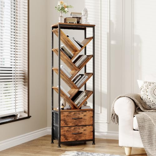 VERMESS Tree Bookshelf with Fabric Drawers, 8 Tier Floor Standing Bookcase, Tall Wood Book Shelf Storage Organizer for Bedroom/Living Room/Home Office/Corner, Rustic Brown