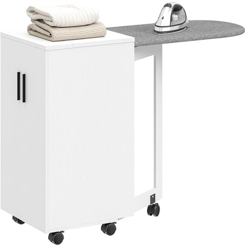 HOMCOM Mobile Asse da Stiro 2 in 1 con Ruote di Freno 128x43x83 cm Bianco