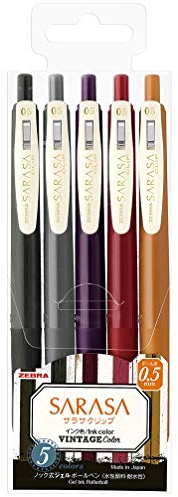 Zebra Sarasa JJ15-5C-VI2 Gel-Kugelschreiber, 0,5 mm, Gummigriff, Vintage-Farben, 5 Farben