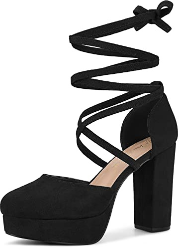 Allegra K Zapatos De Tacón Grueso Con Tiras Y Plataforma Con Cordones Para Mujer Negro 37.5