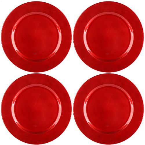 com-four® 4x assiettes de présentation en rouge brillant - soucoupes monochromes réutilisables comme décorations de table - assiettes décoratives pour mariages, fêtes de famille ou Noël - Ø 33 cm
