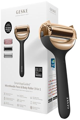 GESKE | SmartAppGuided™ MicroNeedle Face & Body Roller | 9 in 1 | Derma Roller | mit Rosenquartz- & Kühlaufsatz | Elektrisches Microneedling-Gerät | Nadelroller | Beauty Roller für Gesicht und Körper