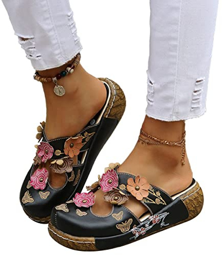 Osheoiso Donne Zoccoli Pantofole con Zeppa Ciabatte a Punta Tonda Casuale Flip Flops con Tacco a Cuneo Stampato Sandali Scarpe Piattaforma Outdoor Pantofole C Nero 40 EU