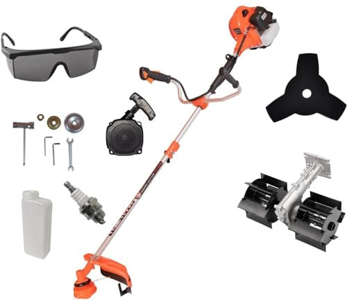 KNakasaki | Desbrozadora Gasolina Profesional Multifunción, con Accesorios, 65CC Motor 2 Tiempos (Cultivador, Gafas de Proteccion, Herramientas Gasolina)