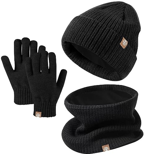 Bonnet Chaud écharpe Gants Ensemble D'hiver Trois 3 Pièces, Enfant Hiver Tricoté Tour de Cou Chaud Gants Tactiles Bonnet, Hiver Accessoires Set 3 pour Fille Garçon 5-12 Ans (Noir)
