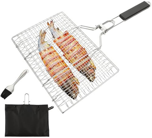 CYEER Grillkorb Fischbräter Edelstahl, Fisch Grillen Gitter, Fisch Grillhalter für den Außengrill mit abnehmbarem und klappbarem Griff Inklusive Edelstahl Heizpinsel und Tragetasche, 35x22CM