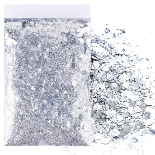 50g Argento Mescolare Paillettes Polvere Glitterata,Artigianato Polvere Glitter per Resina Epossidica Capelli Viso Decorazioni Nail Trucco del Festival,Quattro Dimensioni (0,2 mm,1 mm,2 mm,3 mm)