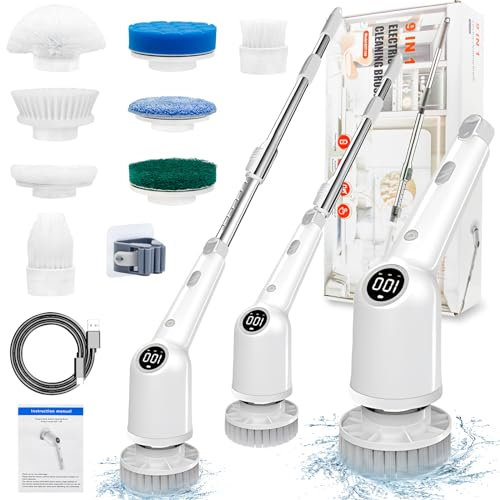 Brosse de Nettoyage électrique Rotative, Brosse de Douche avec 8 Têtes de Brosse Remplaçables, Electric Spin Scrubber avec Manche Extensible, 3 Vitesses Réglables, pour Baignoire, Toilettes, Cuisine