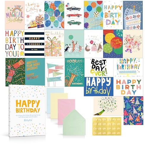 Solpla 24 Pack Assorted Birthday Cards with Gold Foil, Messages, Envelopes, and Stickers | 4x6 Inch Happy Birthday Cards Bulk for Family, Kids, Friends, Work, and Office Celebrations.