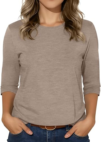 3/4 Sleeve Tops for Women Basic Crew Neck Fall Blouses Casual Fit T Shirts, Apricot, L