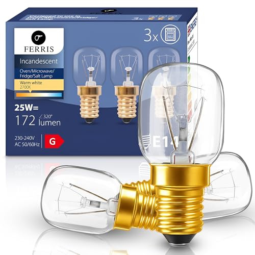 FERRIS 3 Pack E14 Oven Bulbs 25W | Ultra Heat-Resistant >320°C | 2700K Warm White Dimmable SES Incandescent Light | Long Life Small Screw Bulb for Ovens, Microwaves, Fridges & Salt Lamps