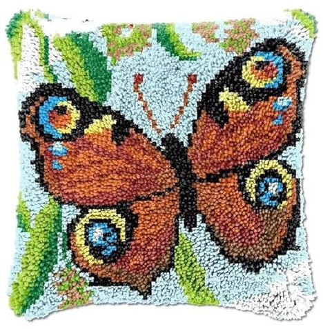 ROCKY&CHAO Latch Hook Kit for Adults & Kids, Complete DIY Cushion Making Craft Kits with Yarn & Canvas and Crochet Needle, Latch Hook Pillow Cover Adult Craft Kits for Women - Brown Butterfly 43x43cm