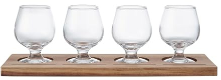 BarCraft Wooden Tasting Paddle 34cm, Set of 4 Glasses 150ml, Acacia Wood Paddle with Card Slots, Ideal for Beer Flight, Wine Tasting, Whisky, Cocktails, Drinkware Gift Set, Brown