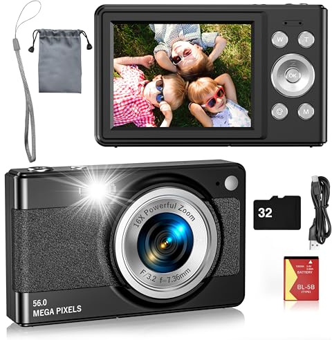Digital Camera for Kids, FHD 1080P 56MP Autofocus Point and Shoot with 16X Zoom, 32GB TF Card, Battery, Flash, Face Detect, Anti Shake, Compact Travel Cameras for Boys Girls Teens Kids Gift（Black）