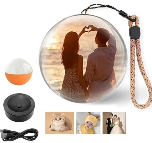 Générique Album Photo Numérique à Ultrasons 3D avec Boule de Cristal, Lampe à Mémoire de Forme, Affichage Vidéo Numérique, Boule de Cristal à Ultrasons de 7cm pour Couples, Animaux Domestiques,Orange