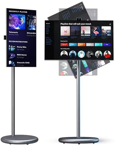 HNBYLMM 27 Smart Portable TV on Wheels, 8-Hours Playtime, Rolling TV with 8 GB + 128 GB, Android 15, Supports WiFi & Bluetooth, 1080P Touch Screen Monitor, 13 MP Camera, Full Swivel Rotation Grey