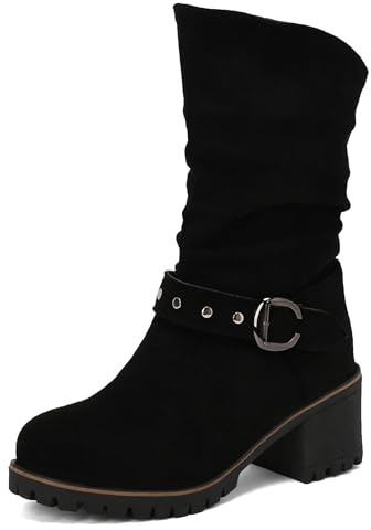 LarDorLin Mode Mi-Mollet Bottes Slouch Femme Suède Bout Rond Antidérapant Plateforme Bloc A Enfiler Hiver Riding Bottines Noir Taille 35 EU