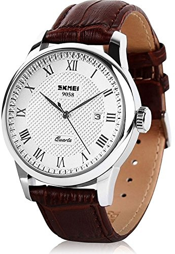 Mens Leather Band Quartz Watch, Men's Analog Business Working Roman Numeral Casual Waterproof Watches with Calendar Date Daily Dress Fashion Wristwatch - Brown
