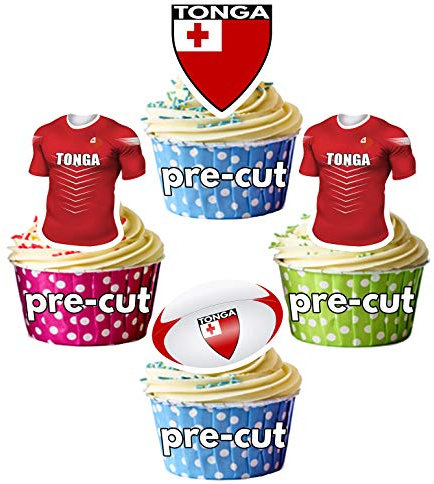AK Giftshop PRECUT Rugby Shirt Ball Flag Team Tonga - Edible Cupcake Toppers/Cake Decorations (Pack of 12)