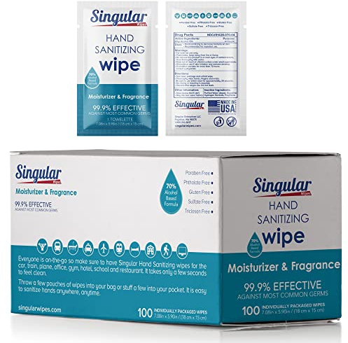 Hand Sanitizing Wipes Travel Size by Singular Wipes – 100ct Individually Wrapped | Fresh Citrus Scent, Moisturizing, 70% Alcohol Wipes | Travel, Office, School, Home | Made in USA