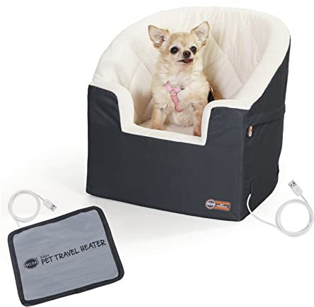 K&H Pet Product Bucket Booster - Car Seat with Leash for Dogs, Washable, Heated Small/Medium Dog Booster Seats in Charcoal/Cream