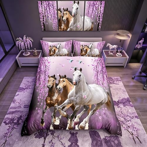 Set di biancheria da letto per ragazzi con cavallo e rami di ciliegio per bambini donne lavanda viola galoppo cavallo copripiumino decorazione animale per camera da letto 3 pezzi per letto 200x200cm