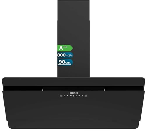 Cecotec Dekorative Dunstabzugshaube Flux Dt 908000 Glass Black A++, 90 cm, schwarzes Glas, 800 m³/h Leistung, Motor 210 W, A++, Touch-Control, 3 Stufen + Booster, Handbewegungssteuerung