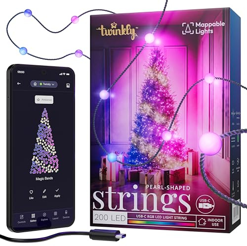 Twinkly Strings USB-C Pearls 200 LED, Striscia Luci LED a Forma di Perla, Luci LED Multicolore RGB, Luci San Valentino, Compatibile con Alexa, Google Home, Luci Mappabili, USB C, Filo Verde, 12m